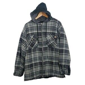 Dickies Men's Size Large Jacket Coat Work Plaid Quilted Hooded Black Gray Trades